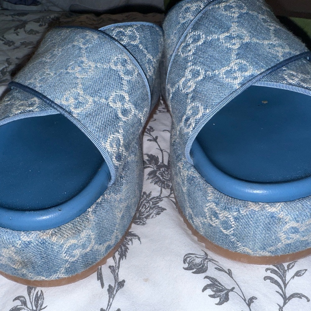 Gucci Blue Denim Monogram Platform Slides
